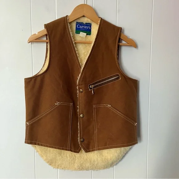 Vintage Carters Fleece Lined Canvas Vest 1970s Work Sherpa Duck USA Brown Tan - Picture 1 of 13